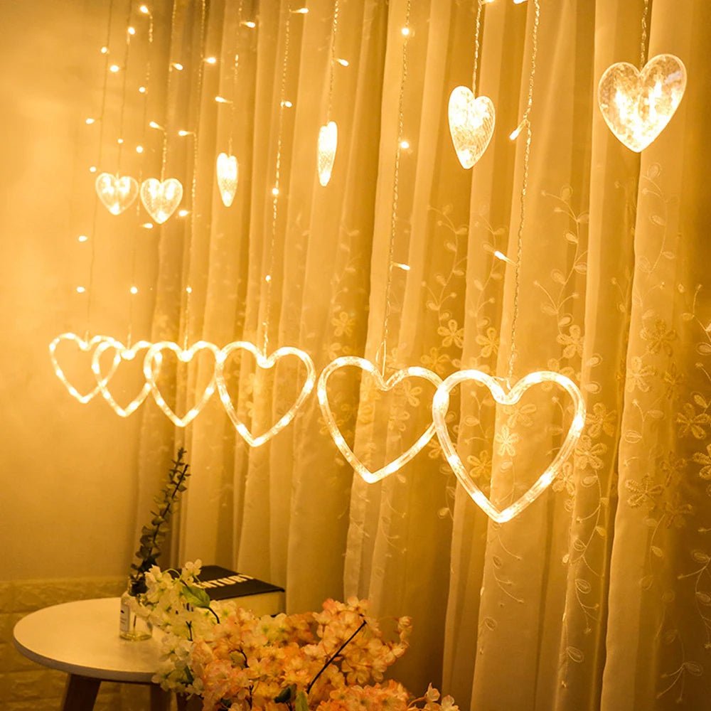Avtoit | Heart-Shaped LED Curtain Lights – 3.5M Fairy Garland for Valentine’s Day, Weddings, Christmas, and Bedroom Party Decor (220V/110V)