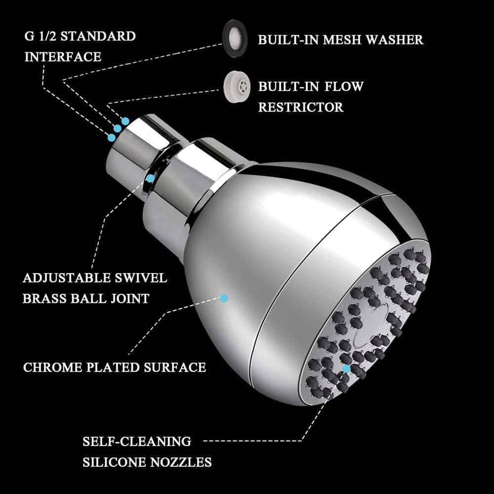 Avtoit | High Pressure Showerhead 3" Anti-Clog Anti-Leak Fixed with Adjustable Swivel Ball Joint Made of Brass