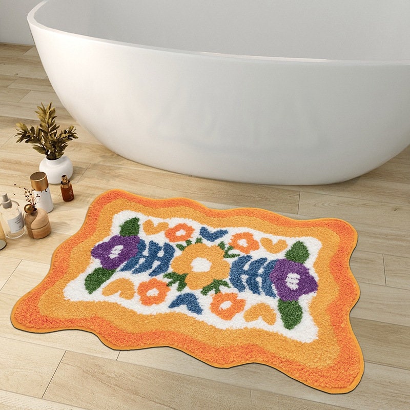 Avtoit | Colorful Flower Bathroom Mat, Orange Flora Soft Bathroom Rug, Woven Bath Mat, Purple Tulip Water-Absorbent Non-Slip Bath Mat