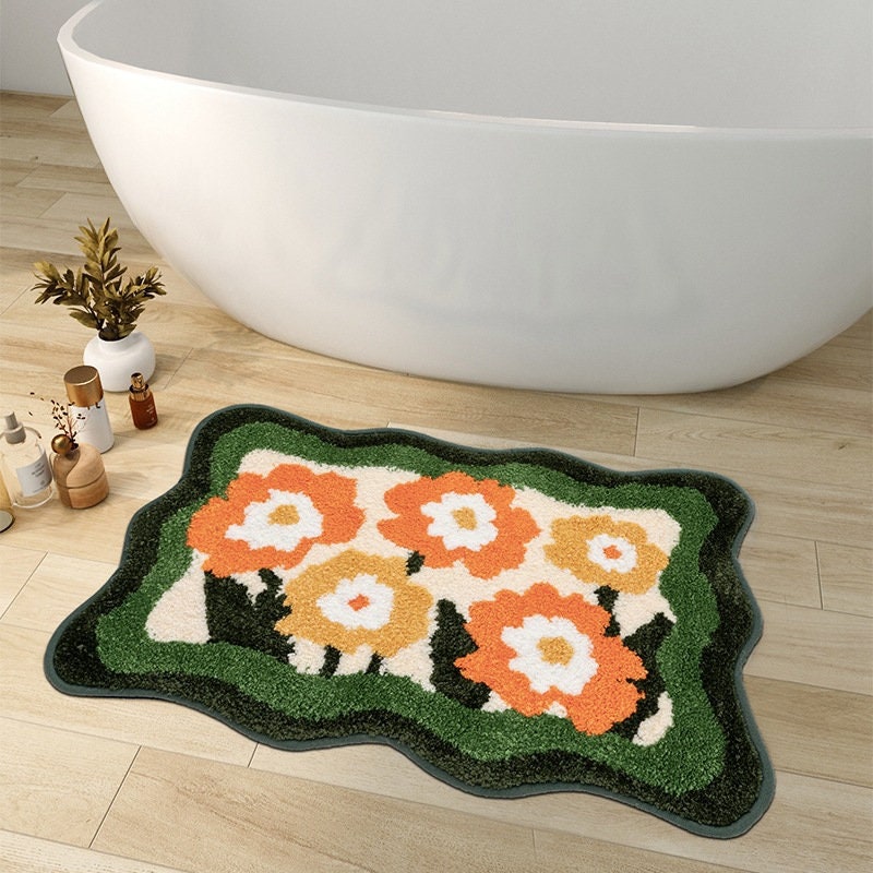 Avtoit | Colorful Flower Bathroom Mat, Orange Flora Soft Bathroom Rug, Woven Bath Mat, Purple Tulip Water-Absorbent Non-Slip Bath Mat