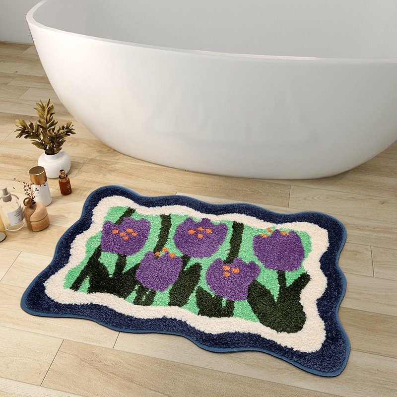 Avtoit | Colorful Flower Bathroom Mat, Orange Flora Soft Bathroom Rug, Woven Bath Mat, Purple Tulip Water-Absorbent Non-Slip Bath Mat