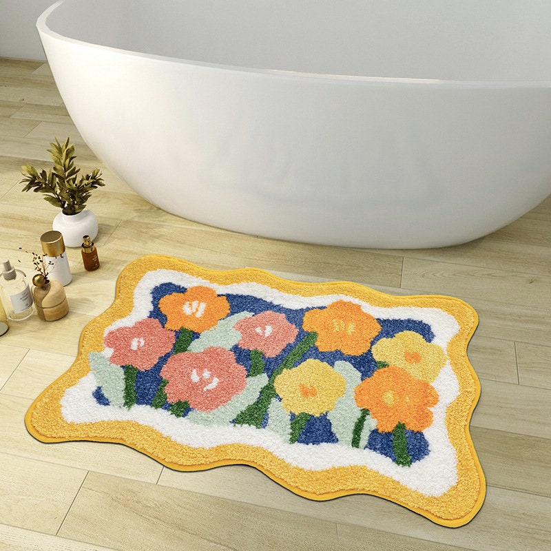 Avtoit | Colorful Flower Bathroom Mat, Orange Flora Soft Bathroom Rug, Woven Bath Mat, Purple Tulip Water-Absorbent Non-Slip Bath Mat