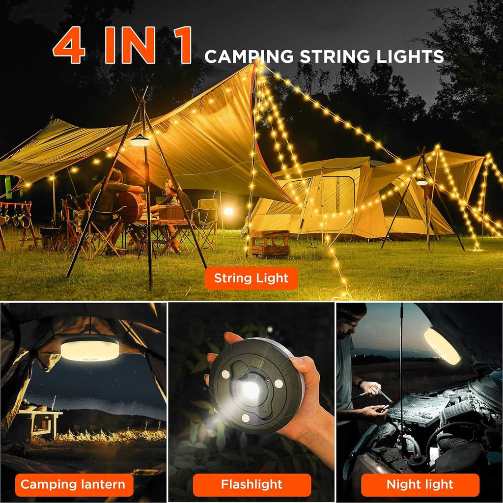 Avtoit | 4 in 1 Camp Light – Portable Camping Lantern, String Lights with 8 Lighting Modes, Rechargeable Power Bank for Outdoor Adventures