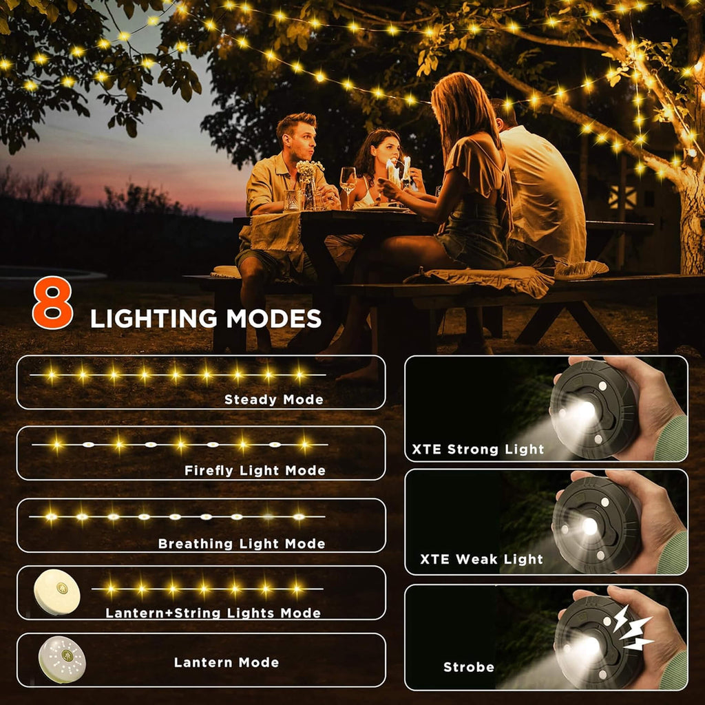 Avtoit | 4 in 1 Camp Light – Portable Camping Lantern, String Lights with 8 Lighting Modes, Rechargeable Power Bank for Outdoor Adventures