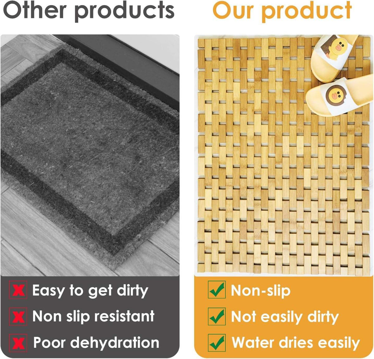 Avtoit | Bamboo Bath Mat Non-Slip Water Repellent Runner Rug For Bathroom Natural Wood Bathroom Shower Rug Non-Slip Fabric