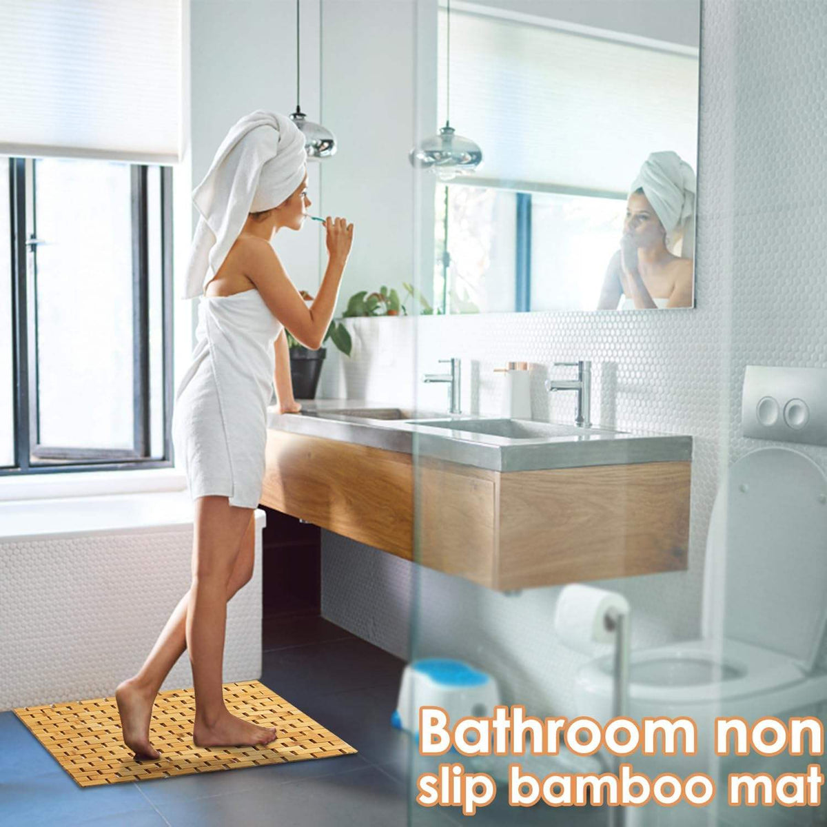 Avtoit | Bamboo Bath Mat Non-Slip Water Repellent Runner Rug For Bathroom Natural Wood Bathroom Shower Rug Non-Slip Fabric