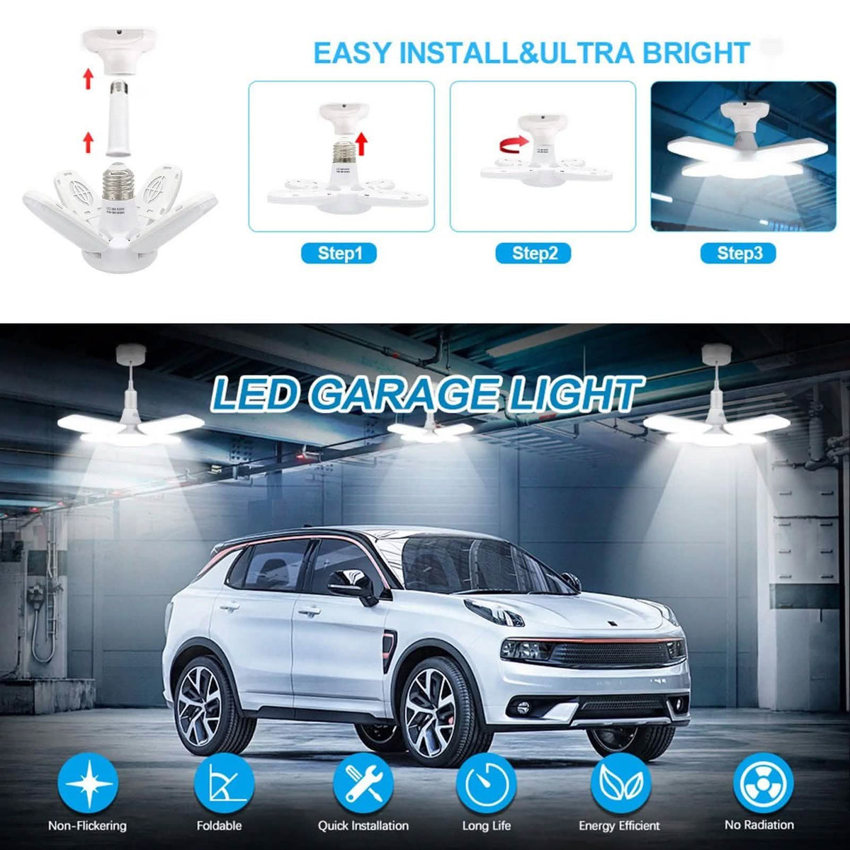 Avtoit | LED dimmable ceiling lights for the garage with 4 adjustable panels