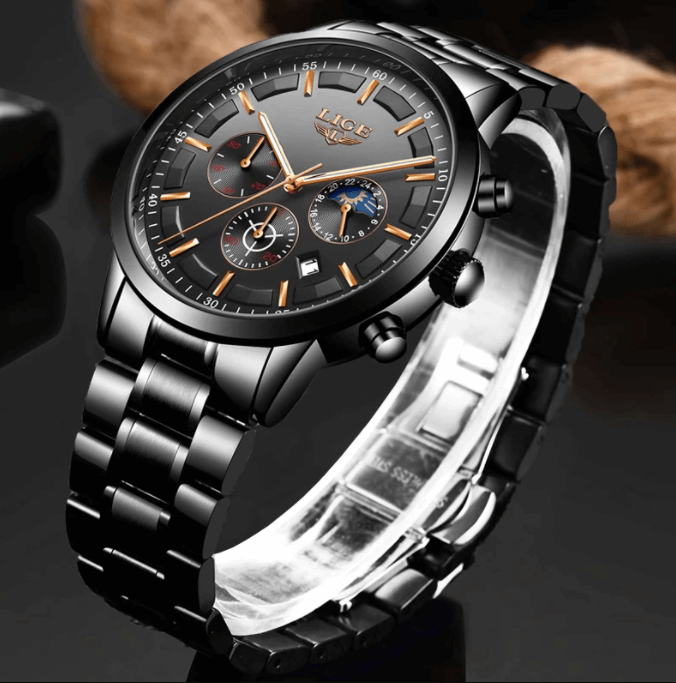Avtoit | Military Black Steel Watch – Men's Stainless Steel Wristwatch with Day, Date & Night Display
