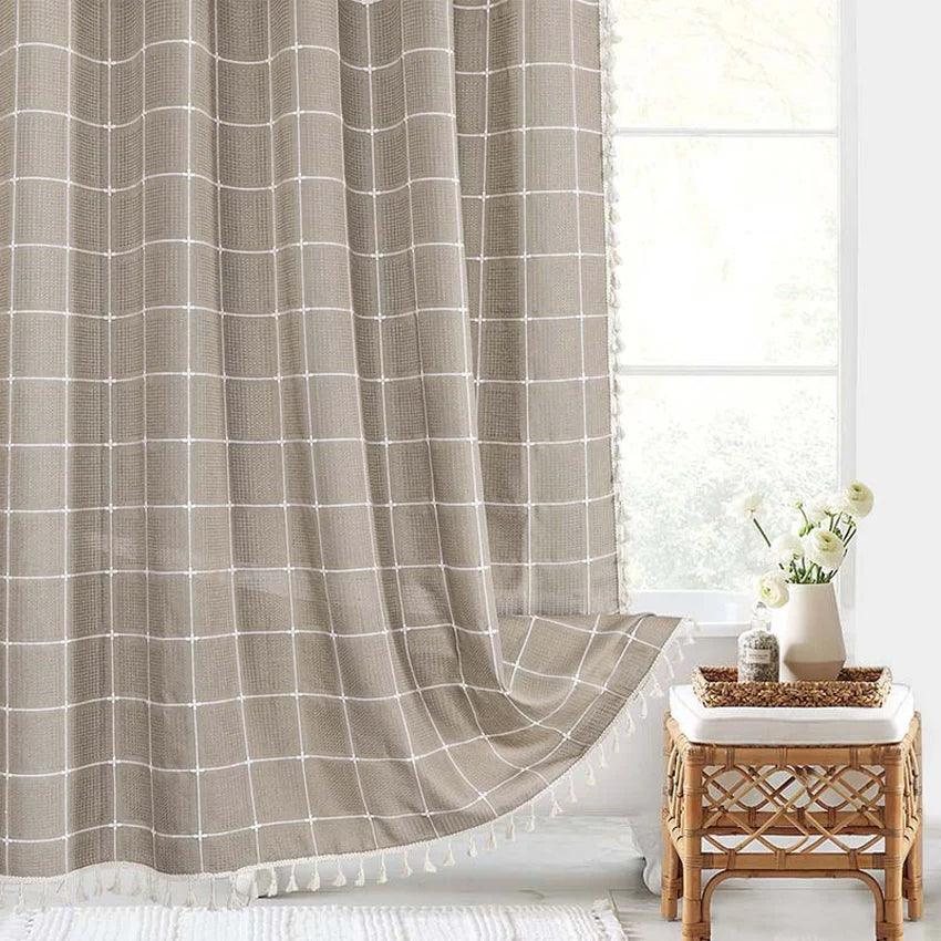 Avtoit | Modern Jacquard Linen Shower Curtain with Tassels (1 pcs) │ For Nordic Bathroom Decoration