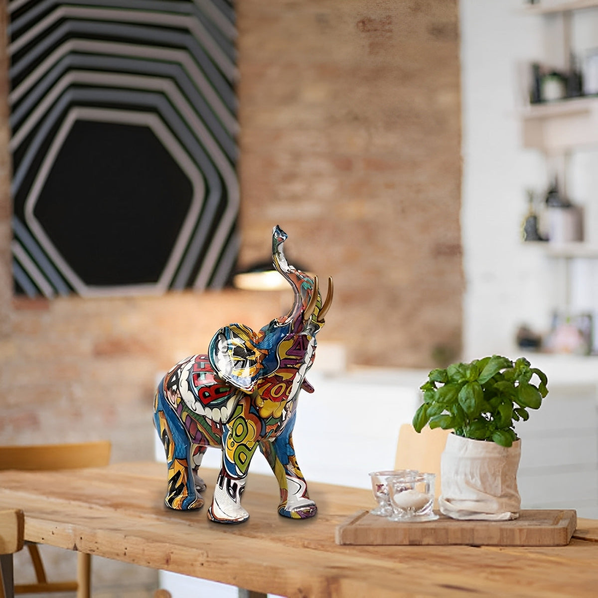Avtoit | Abstract Elephant Statue – Colourful African Design with Raised Trunk for Good Luck