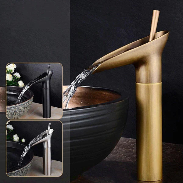 Avtoit | Antique Brass Waterfall Basin Tap – Vintage Bathroom Mixer Faucet with Hot & Cold Control