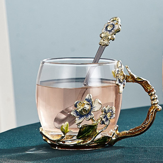 Avtoit | Handcrafted enamel flower glass mug for couples love gift can serve coffee, flavored tea or even lemon juice in