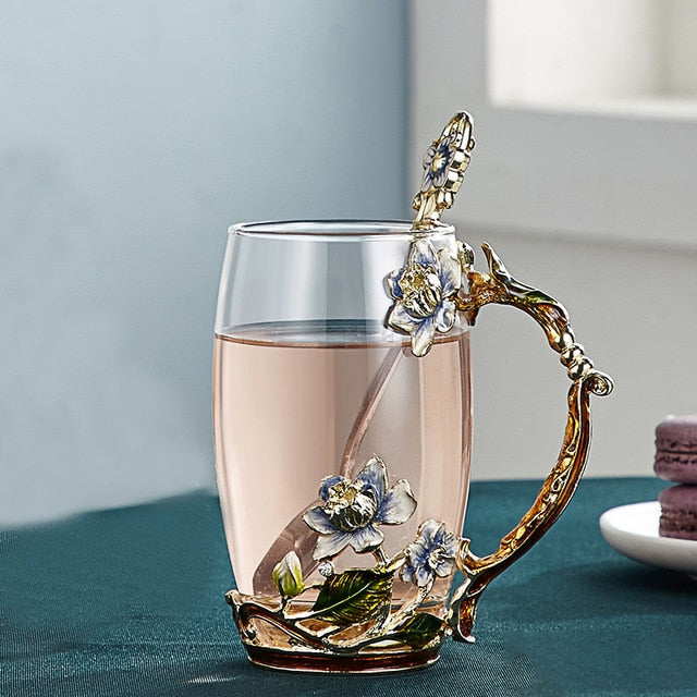Avtoit | Handcrafted enamel flower glass mug for couples love gift can serve coffee, flavored tea or even lemon juice in