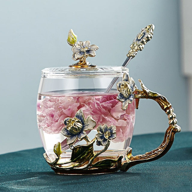 Avtoit | Handcrafted enamel flower glass mug for couples love gift can serve coffee, flavored tea or even lemon juice in