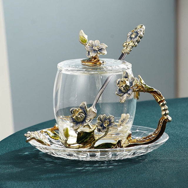 Avtoit | Handcrafted enamel flower glass mug for couples love gift can serve coffee, flavored tea or even lemon juice in