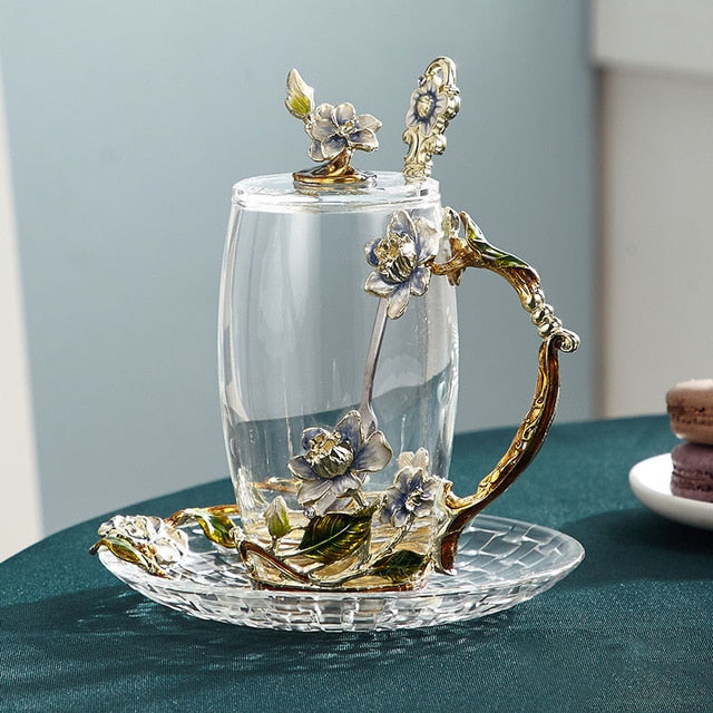 Avtoit | Handcrafted enamel flower glass mug for couples love gift can serve coffee, flavored tea or even lemon juice in