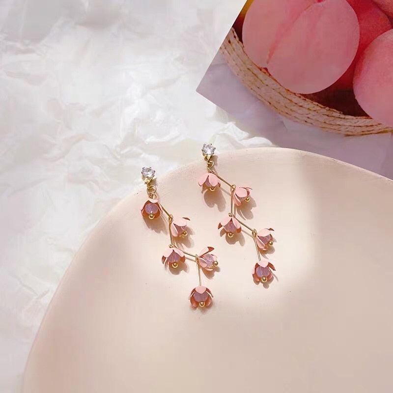Avtoit | Long Rhinestone Crystal Pink Sakura Flower with Zircon Clip Earrings
