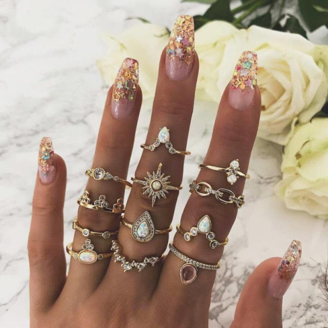 Avtoit | Fashion Crystal Gold color  Geometric Knuckle Rings set