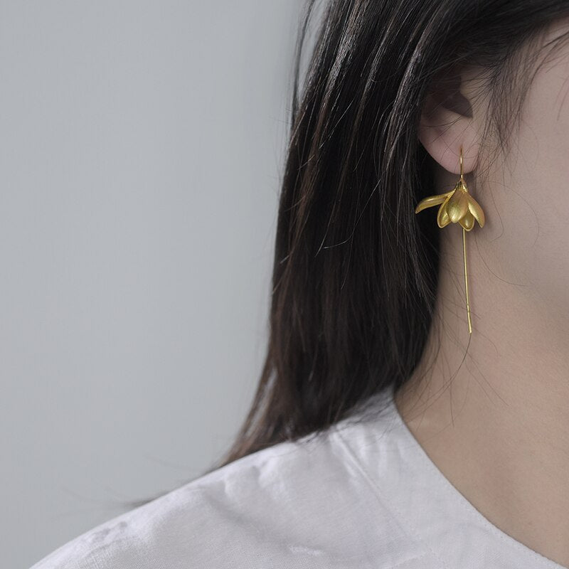 Avtoit | 18K Gold Elegant Magnolia Flower Dangle Earrings