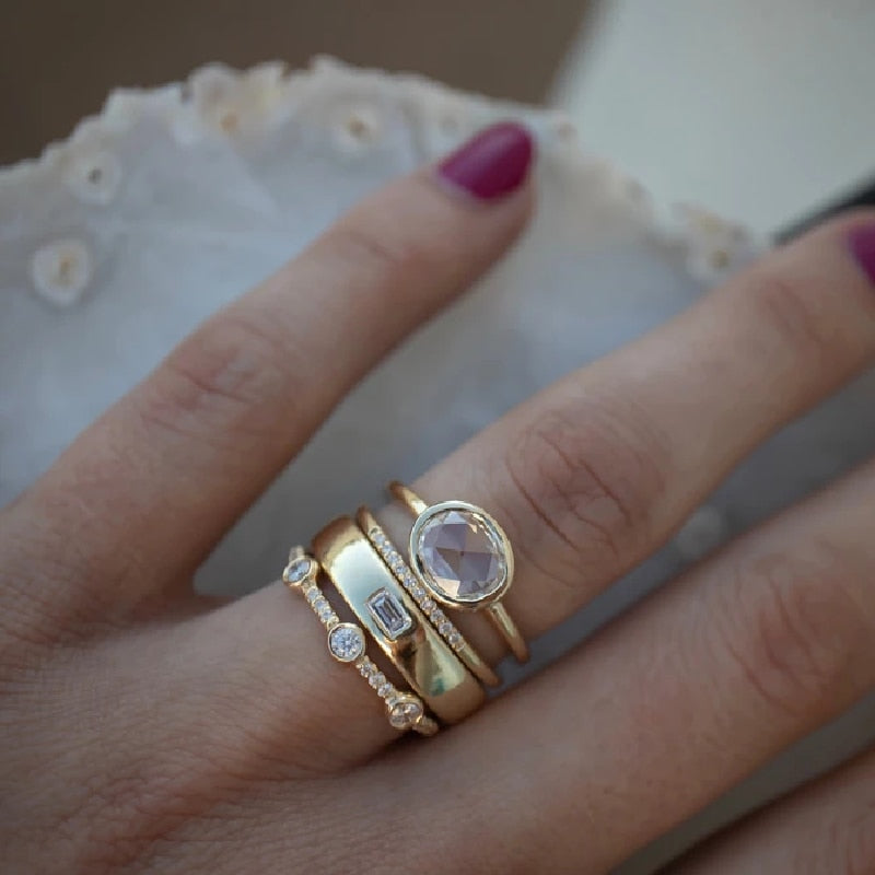 Avtoit | Geometric Gold Color Combination Round Zircon Crystal Rings Set