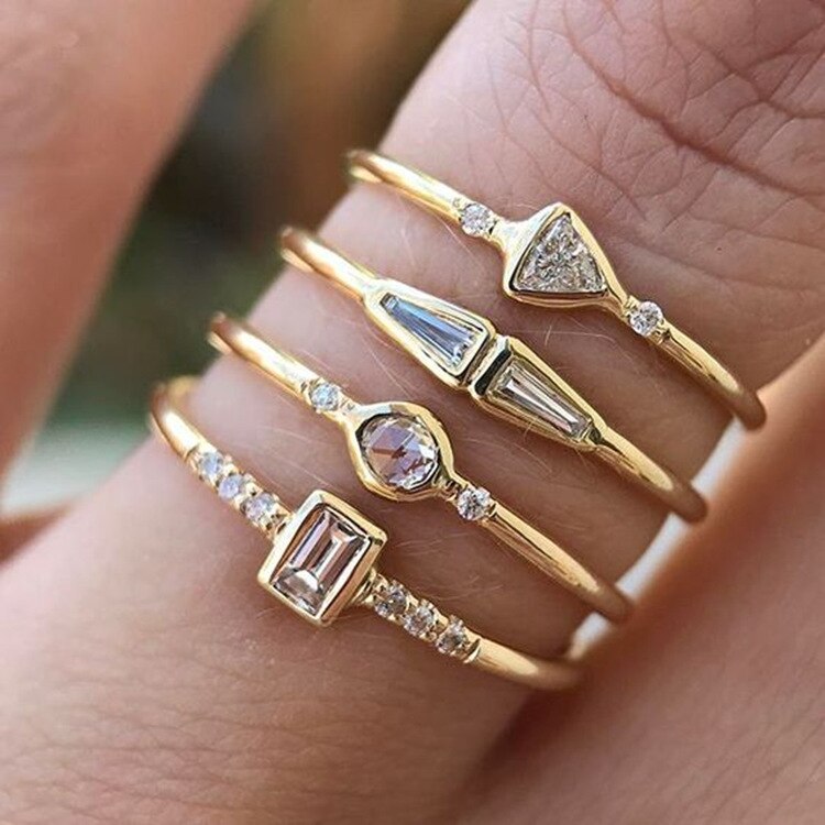 Avtoit | Geometric Gold Color Combination Round Zircon Crystal Rings Set