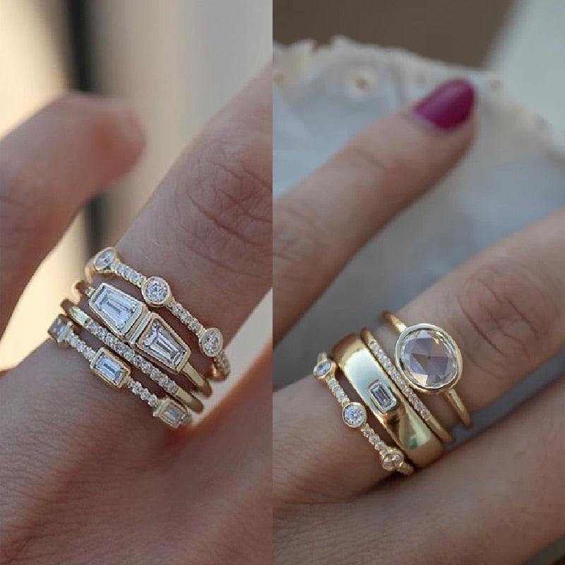 Avtoit | Geometric Gold Color Combination Round Zircon Crystal Rings Set