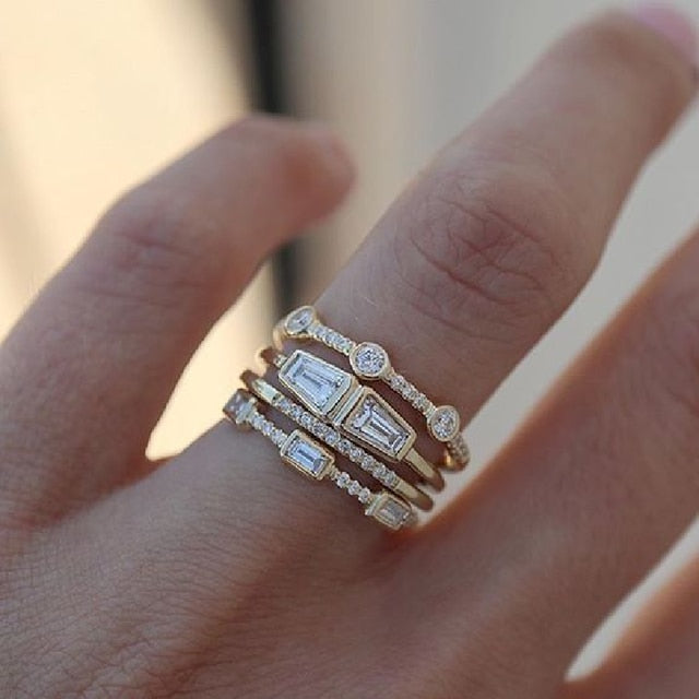 Avtoit | Geometric Gold Color Combination Round Zircon Crystal Rings Set