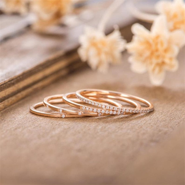 Avtoit | Geometric Gold Color Combination Round Zircon Crystal Rings Set
