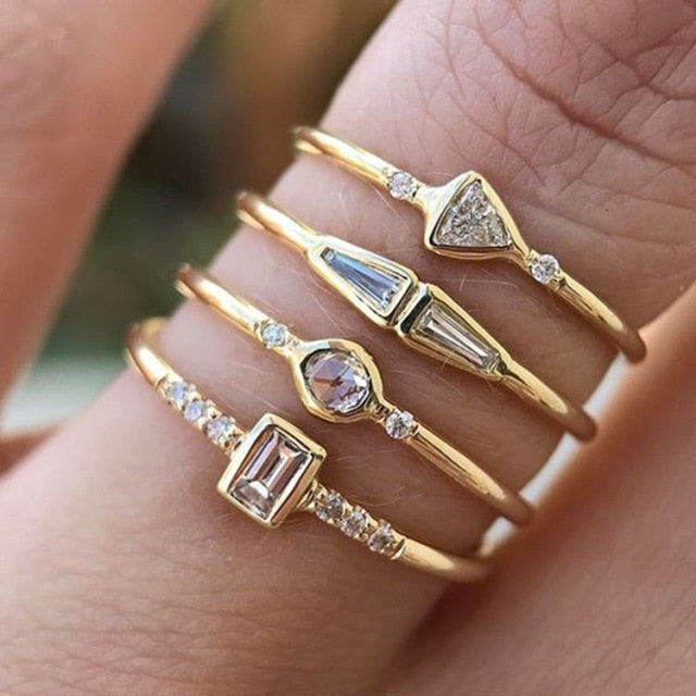 Avtoit | Geometric Gold Color Combination Round Zircon Crystal Rings Set