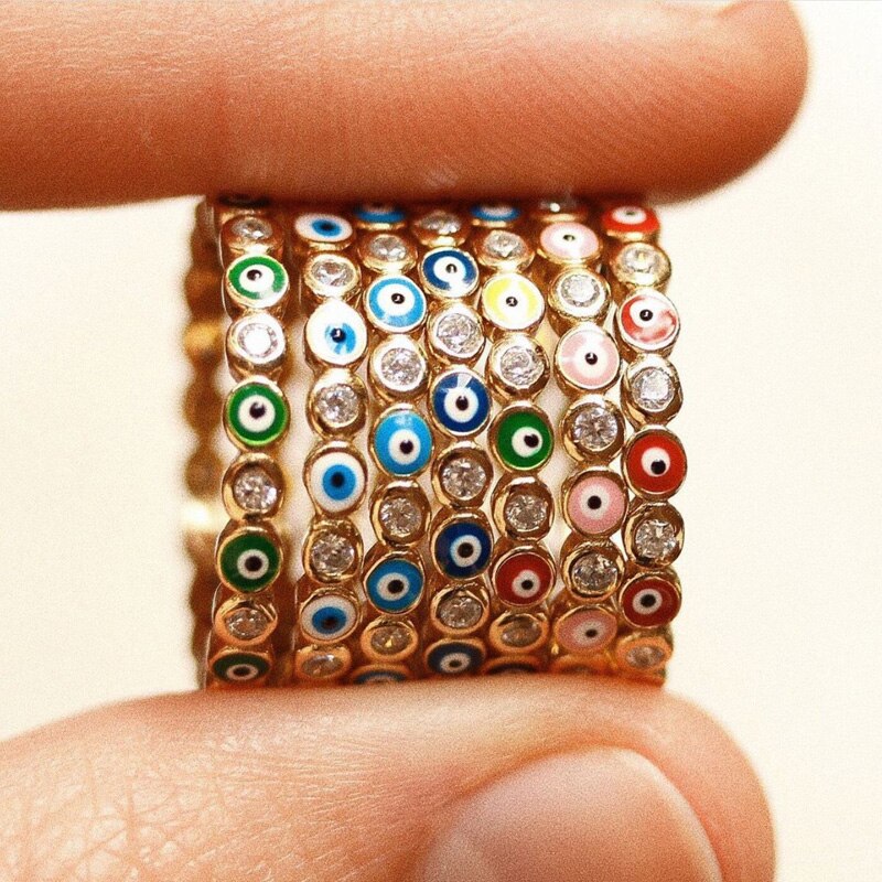 Avtoit | Bohemian Rainbow Evil Eye Rhinestone Filled Gold Rings
