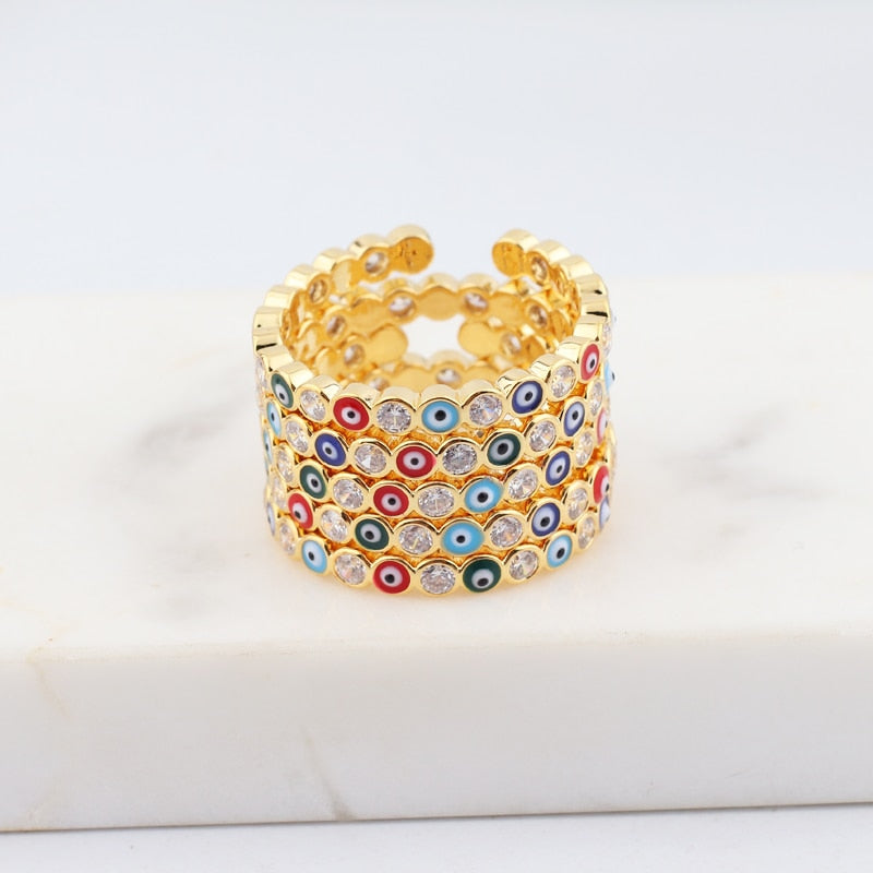 Avtoit | Bohemian Rainbow Evil Eye Rhinestone Filled Gold Rings