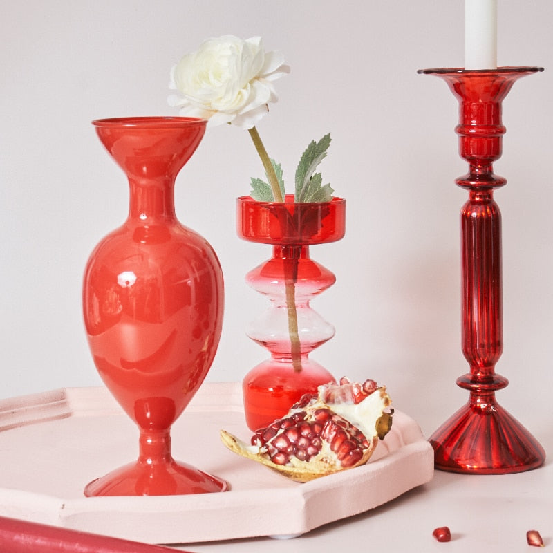 Avtoit | Cherry Red Glass Stick Candle Holder & Vases