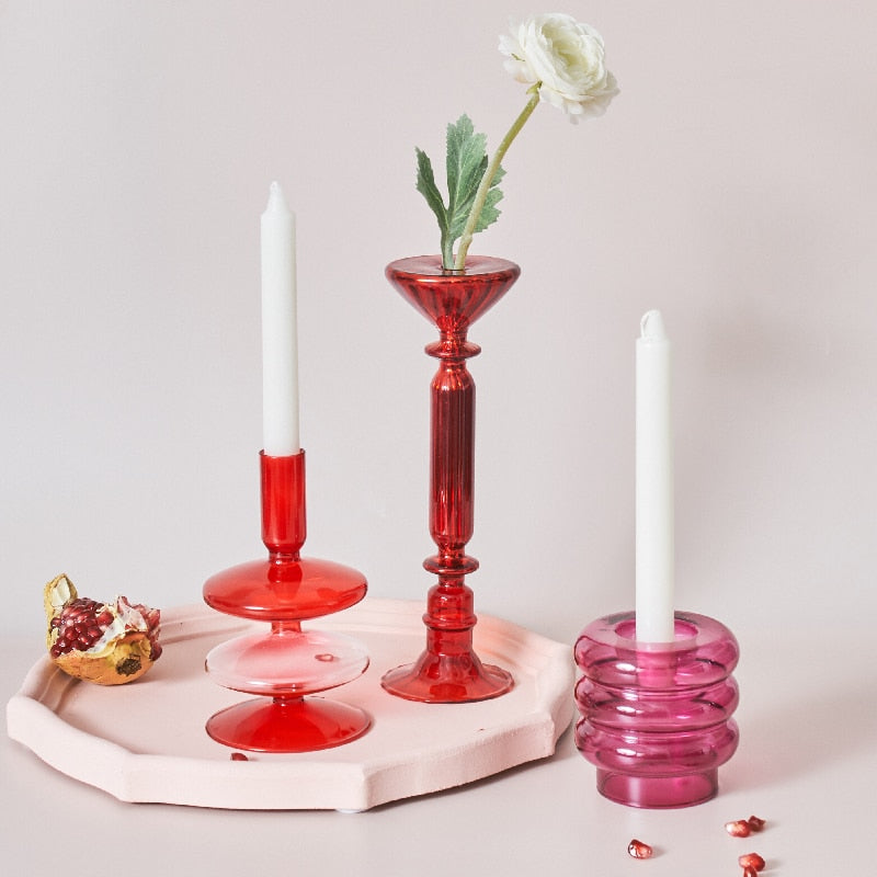 Avtoit | Cherry Red Glass Stick Candle Holder & Vases