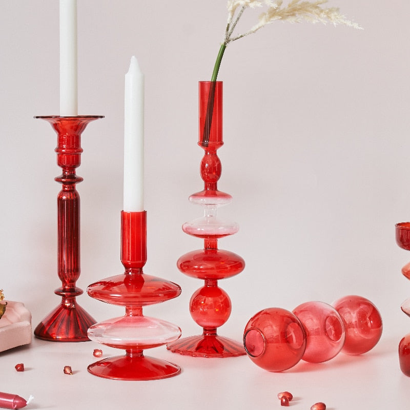 Avtoit | Cherry Red Glass Stick Candle Holder & Vases