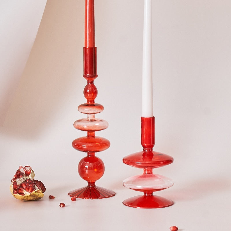 Avtoit | Cherry Red Glass Stick Candle Holder & Vases