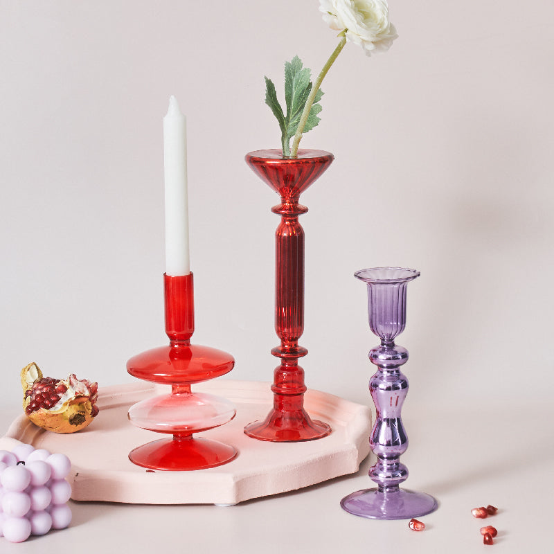 Avtoit | Cherry Red Glass Stick Candle Holder & Vases