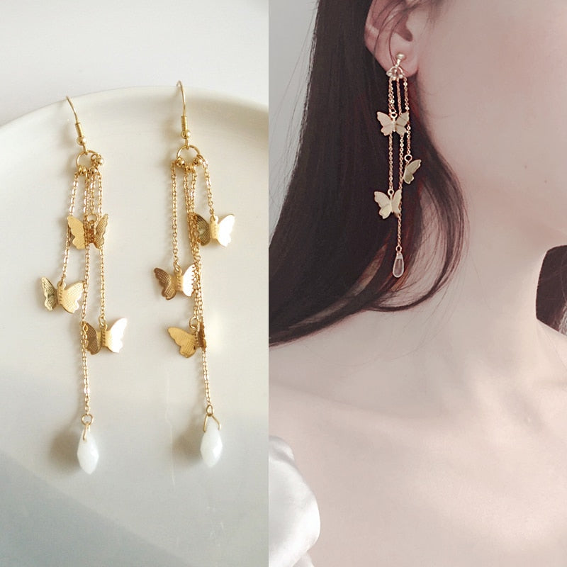 Avtoit | Korean Style Retro Super Fairy Butterfly Tassel Long Clip on Earrings