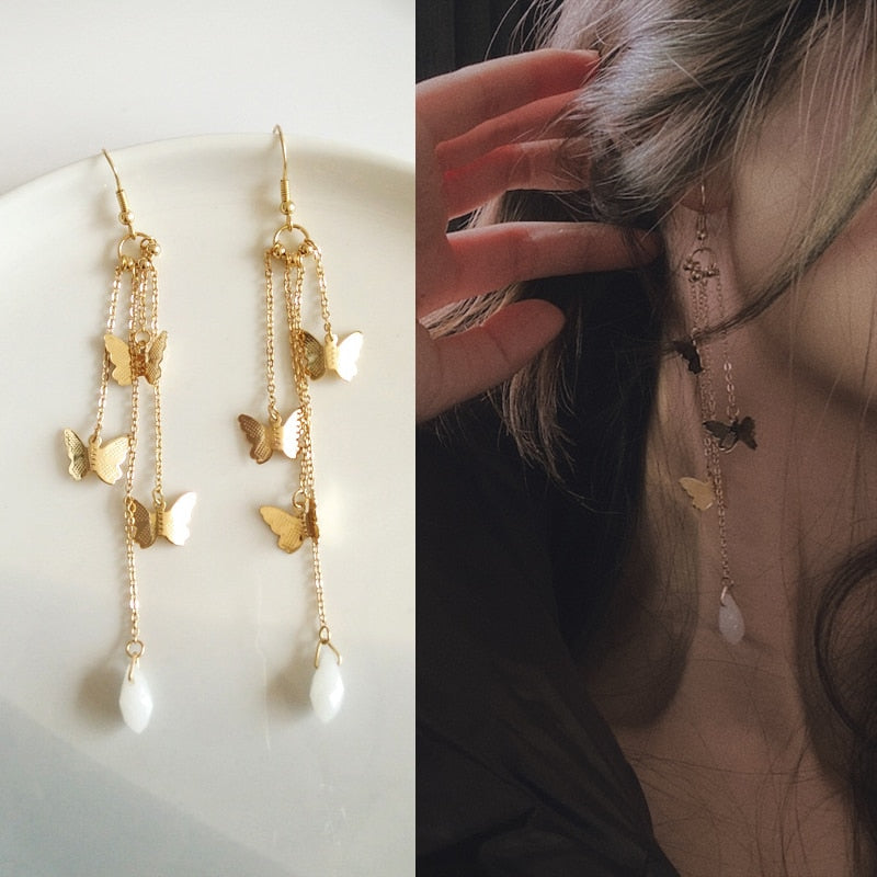 Avtoit | Korean Style Retro Super Fairy Butterfly Tassel Long Clip on Earrings