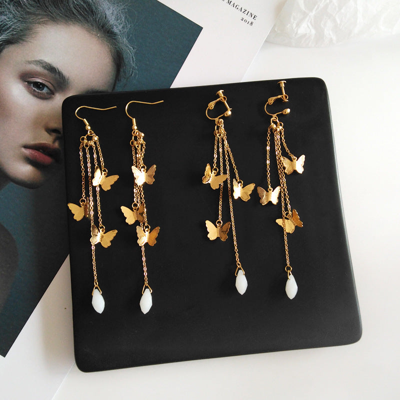 Avtoit | Korean Style Retro Super Fairy Butterfly Tassel Long Clip on Earrings
