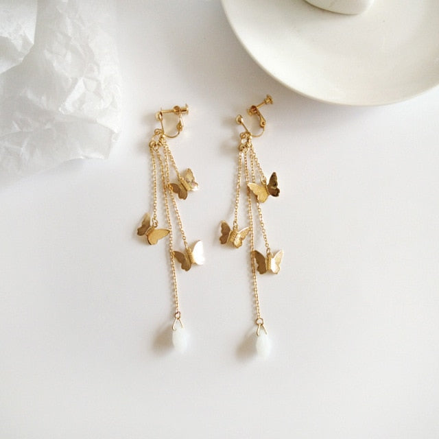 Avtoit | Korean Style Retro Super Fairy Butterfly Tassel Long Clip on Earrings