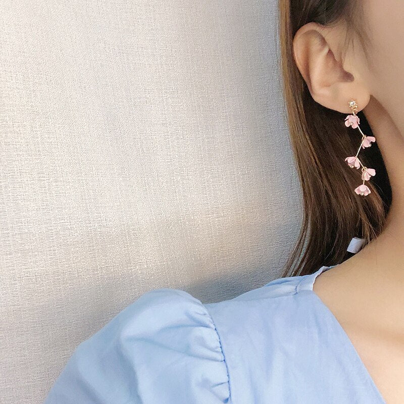 Avtoit | Long Rhinestone Crystal Pink Sakura Flower with Zircon Clip Earrings