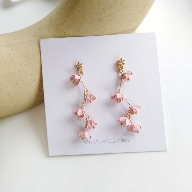 Avtoit | Long Rhinestone Crystal Pink Sakura Flower with Zircon Clip Earrings