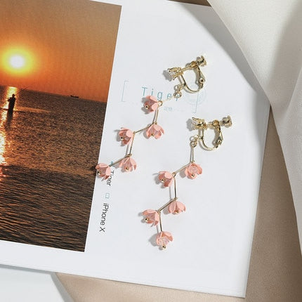 Avtoit | Long Rhinestone Crystal Pink Sakura Flower with Zircon Clip Earrings