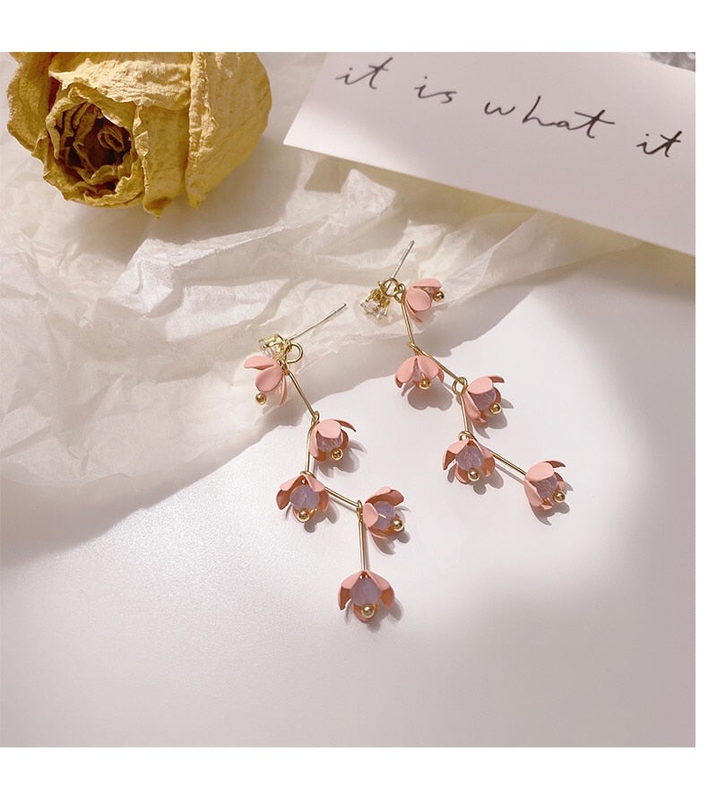 Avtoit | Long Rhinestone Crystal Pink Sakura Flower with Zircon Clip Earrings