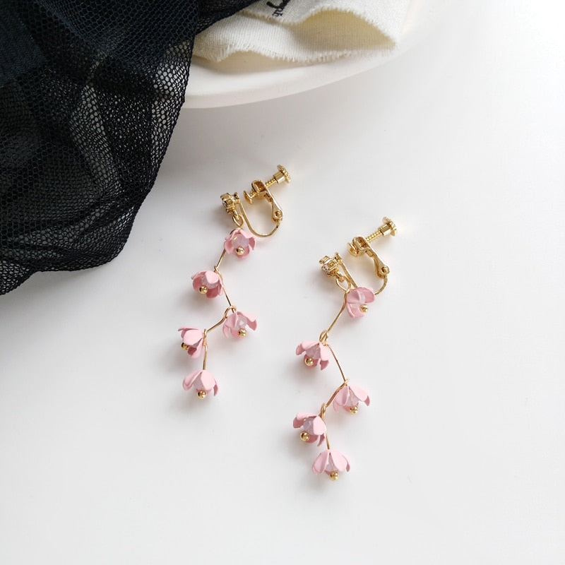 Avtoit | Long Rhinestone Crystal Pink Sakura Flower with Zircon Clip Earrings