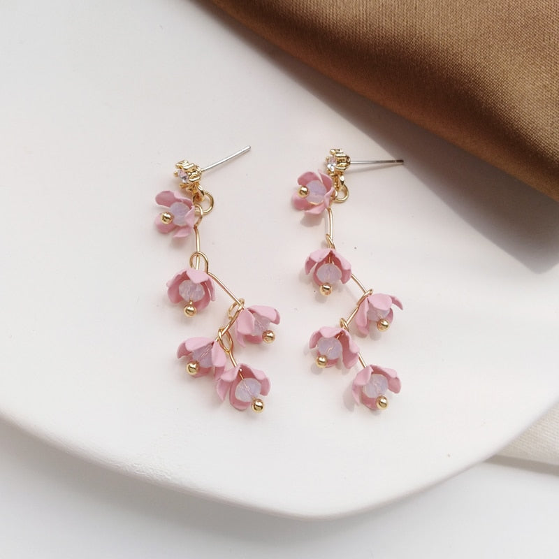 Avtoit | Long Rhinestone Crystal Pink Sakura Flower with Zircon Clip Earrings
