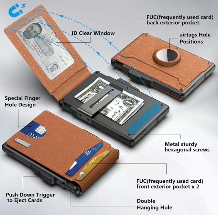Avtoit | Pop Up aluminum bag Money Clip Slim Leather Slots Credit Card Holder RFID Blocking Bifold Minimalist Wallet