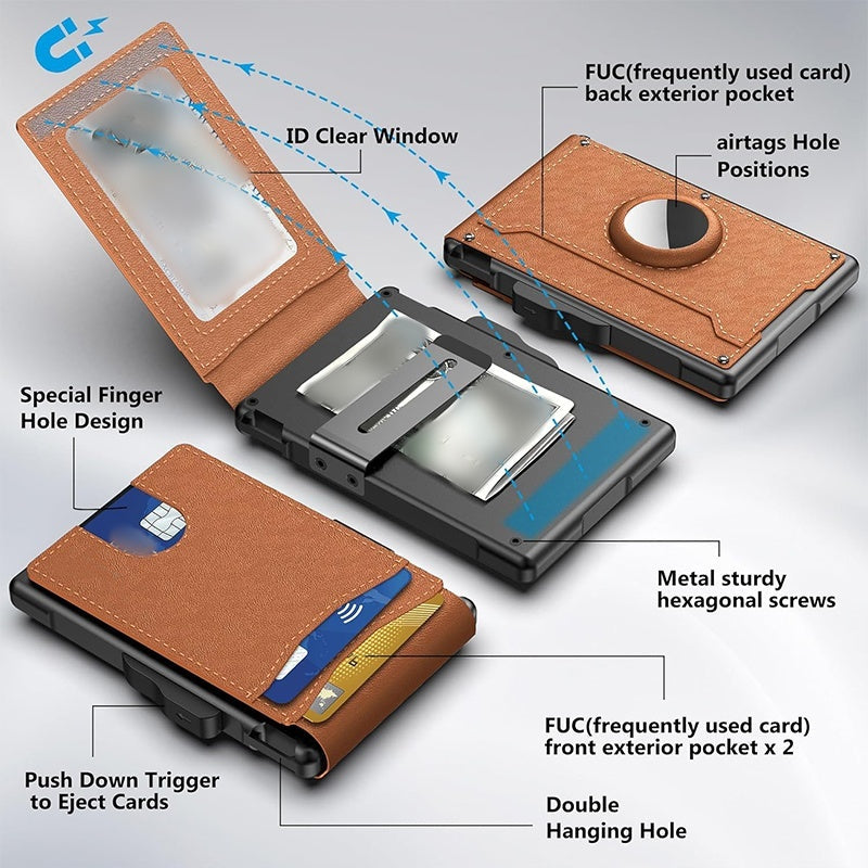 Avtoit | Wallet for men - with pop-up aluminum case Minimal wallet with leather money clip with space for credit cards RFID blocking