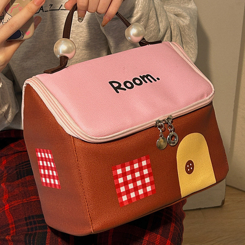 Avtoit | Color block colored, house-shaped handheld cosmetic bag with large capacity