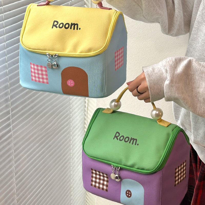 Avtoit | Color block colored, house-shaped handheld cosmetic bag with large capacity